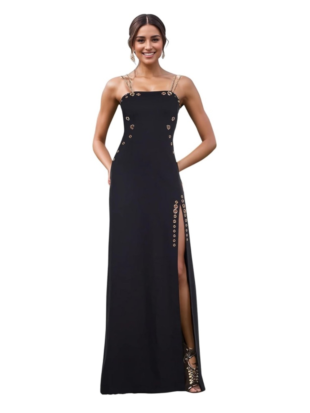 Black Grommet-Accent Spaghetti Strap Evening Dress